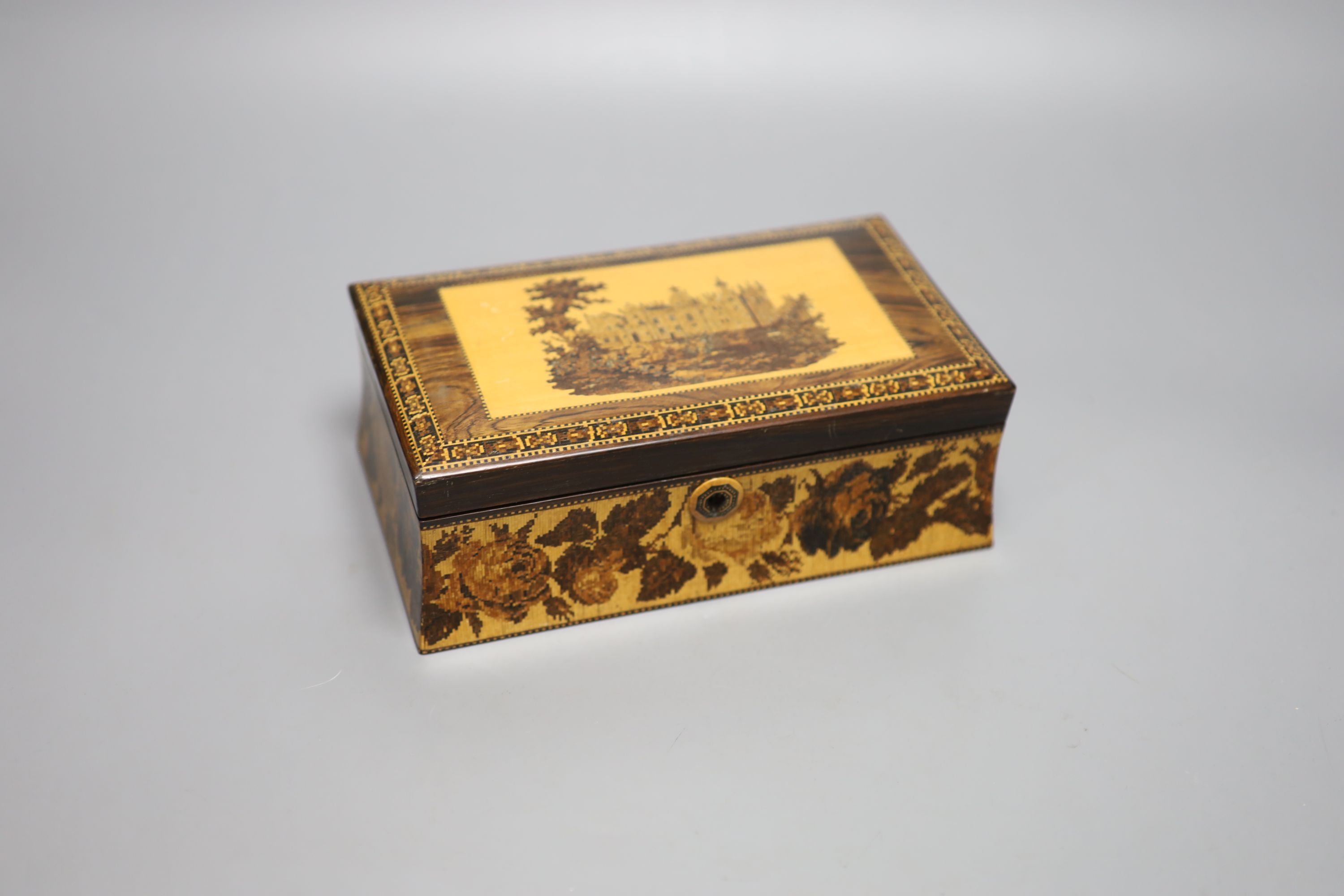 A Tunbridge ware rosewood and tesserae mosaic 'Abbotsford' box, by Henry Hollamby, mid 19th century, 21.5cm